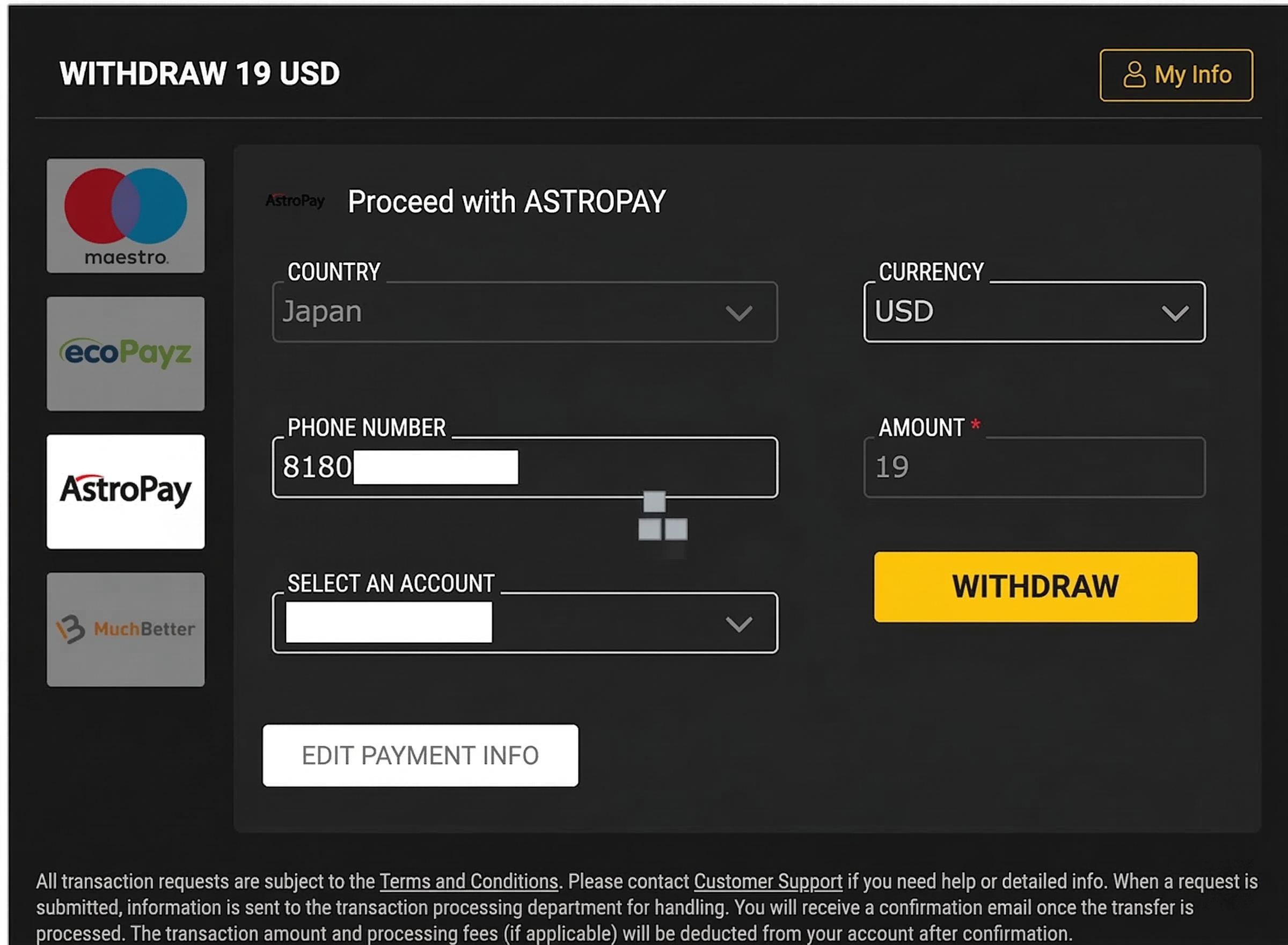 the "account used for deposit" is entered at the point of selection.