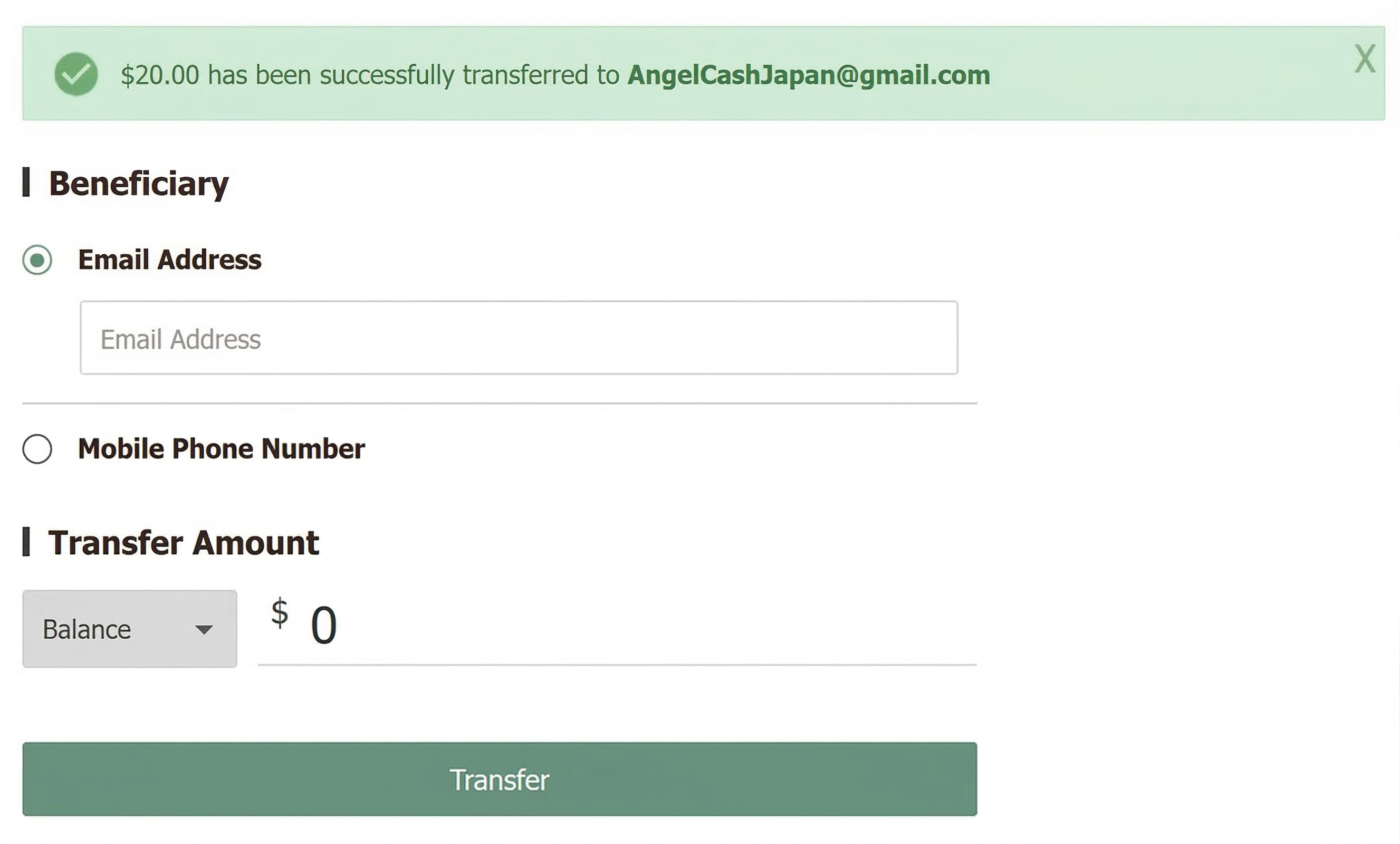 This confirms it, and "Transferred Successfully" appears.