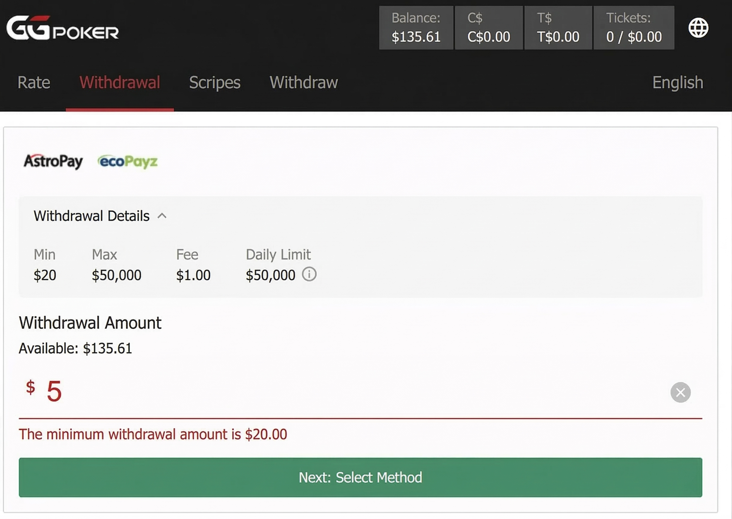 Card & Electronic Payment: 20 Dollars