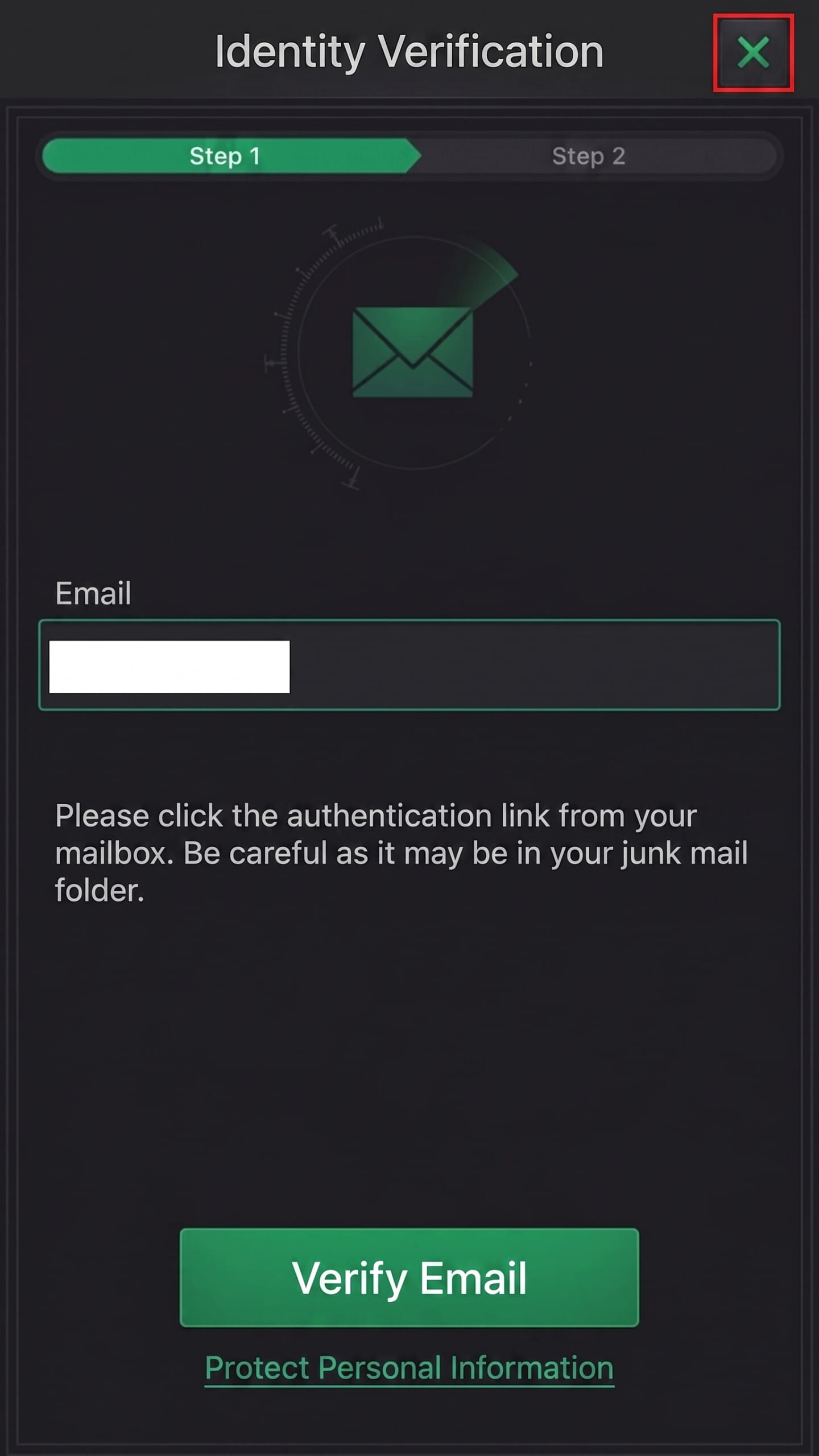 On the Step 2 screen, you perform email address verification.