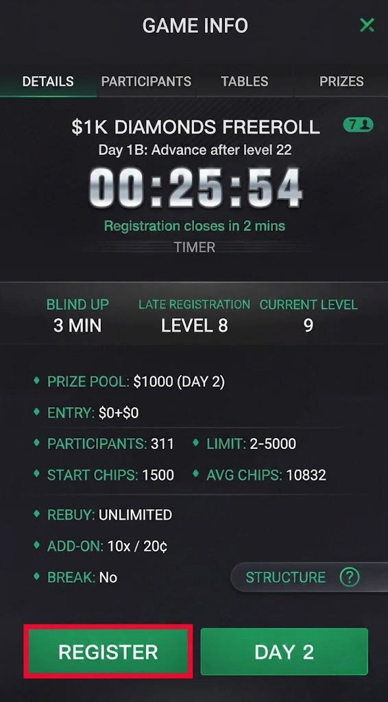 Tapping the Icon to Register for a Freeroll