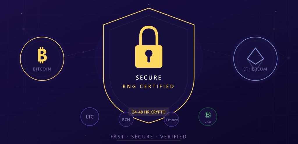 ACR Poker secure banking with shield lock icon, Bitcoin and Ethereum deposit options, Litecoin, Bitcoin Cash, and Visa, with 24-48 hour crypto withdrawal times