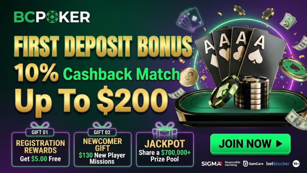 BC Poker First Deposit Bonus: 10% Cashback Match Up to $200