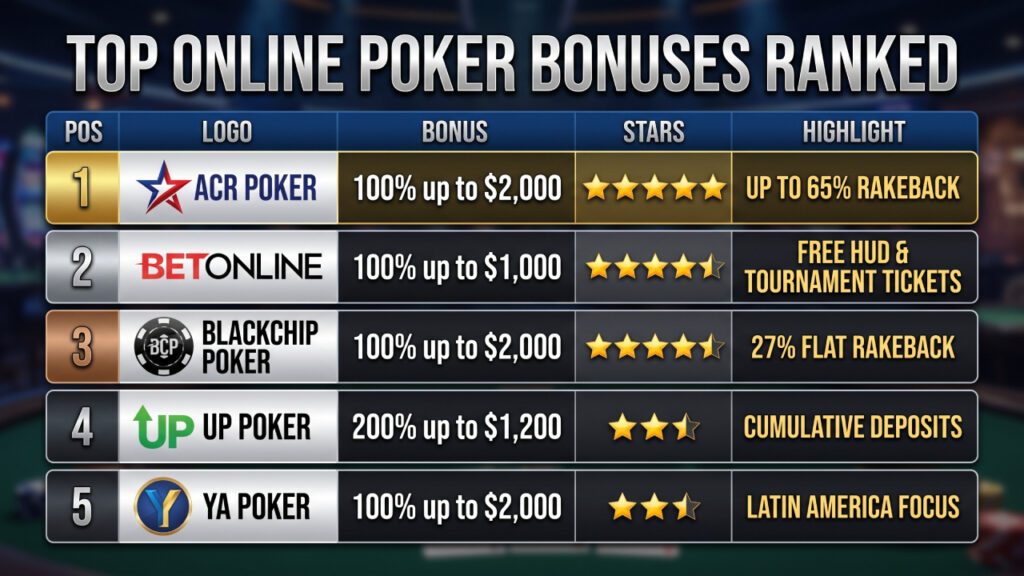 Best Poker Bonus Offers at a Glance