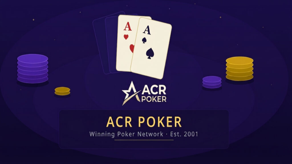 Americas Cardroom poker table with playing cards and chip stacks representing ACR Poker's online platform since 2001