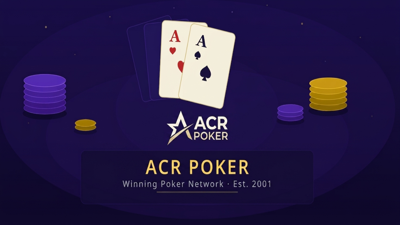 Americas Cardroom poker table with playing cards and chip stacks representing ACR Poker's online platform since 2001